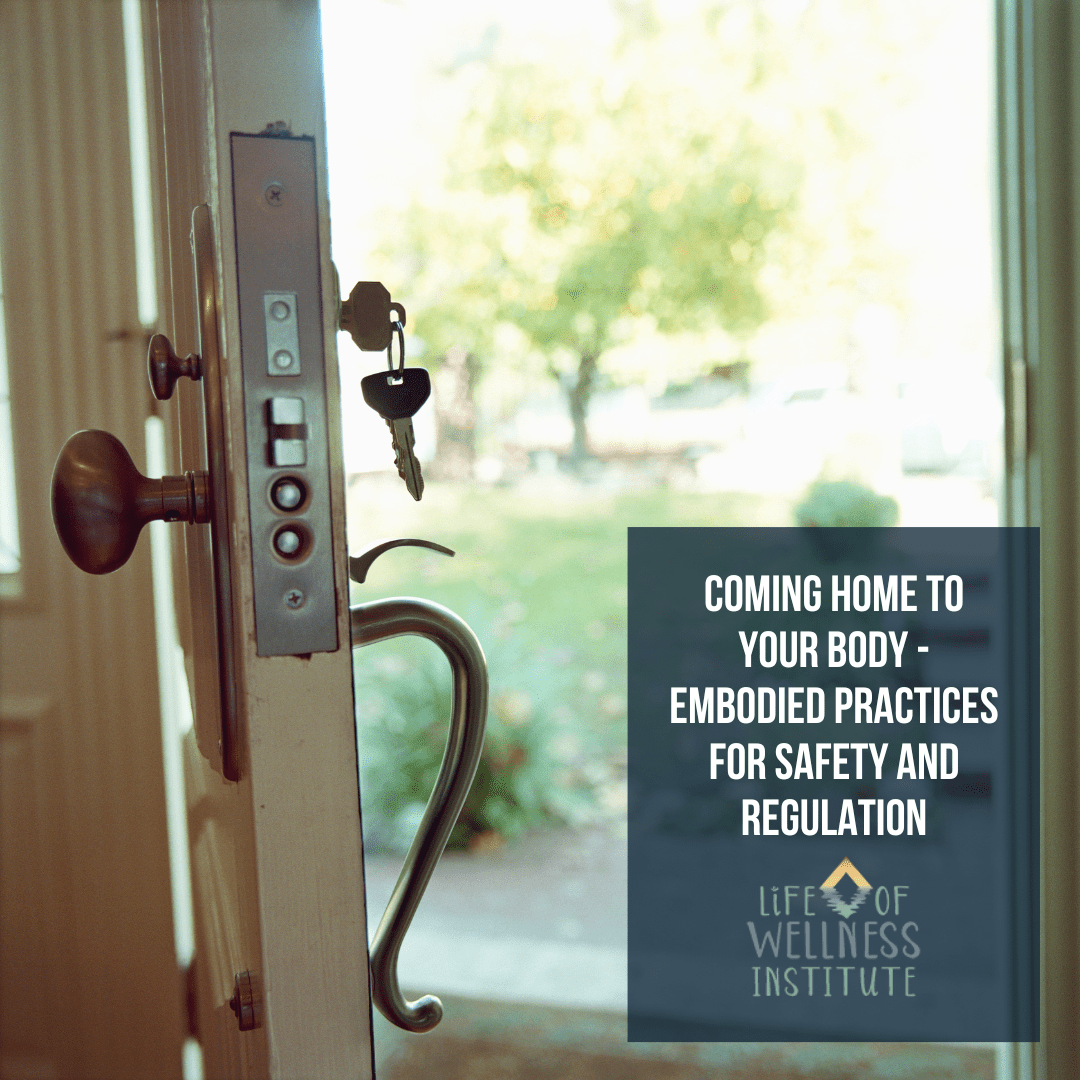 An open front door with a key in the lock, looking out onto a bright, tree-filled yard, with a dark blue text box that reads: Coming Home to Your Body – Embodied Practices for Safety and Regulation. The Life of Wellness Institute logo sits below the text.