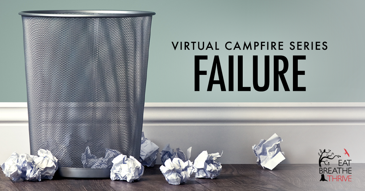 Virtual Campfire Series - A community discussion on Failure. The image has a wire trash bin on the left side, in front of a wall painted light green with a tall white baseboard. On the ground are crumpled up pieces of paper.