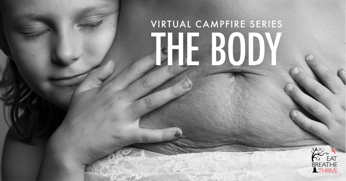 The picture is in black and white, there is a person on the right side that we see from just below the belly button to just above. Their normal sized belly has wrinkles and stretch marks. On the left side is a young girl with her eyes close giving them a hug, their hands placed on their belly.