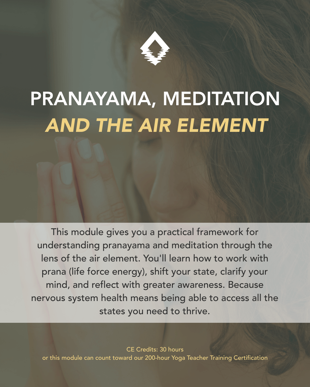 Pranayama, Meditation, and the Air Element. Learn to shift your state, clarify your mind, and reflect with greater awareness. A 200-hour yoga teacher training module from The Life of Wellness Institute. Live virtual, trauma-informed, and grounded in neuroscience and Ayurveda.